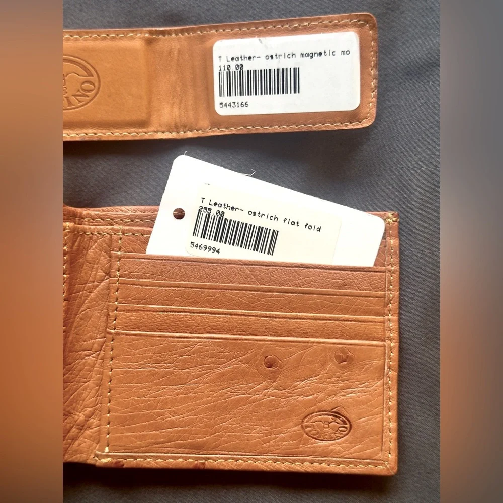 NWT Genuine Ostrich Leather Flat Fold Wallet and Magnetic Money Clip